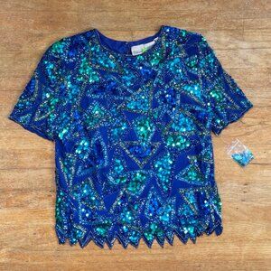 Vintage Sequins & Beads Blouse Silk Lined Top Special Occasion Size Large